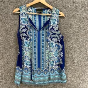 Cynthia Rowley Blouse Women M Medium Blue Geometric V-Neck Sleeveless Tasseled